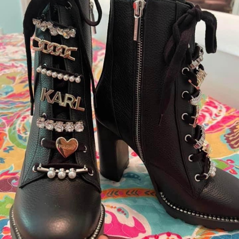 Karl Lagerfeld Paris Black Leather Embellished Lace/Zip Booties Size 6